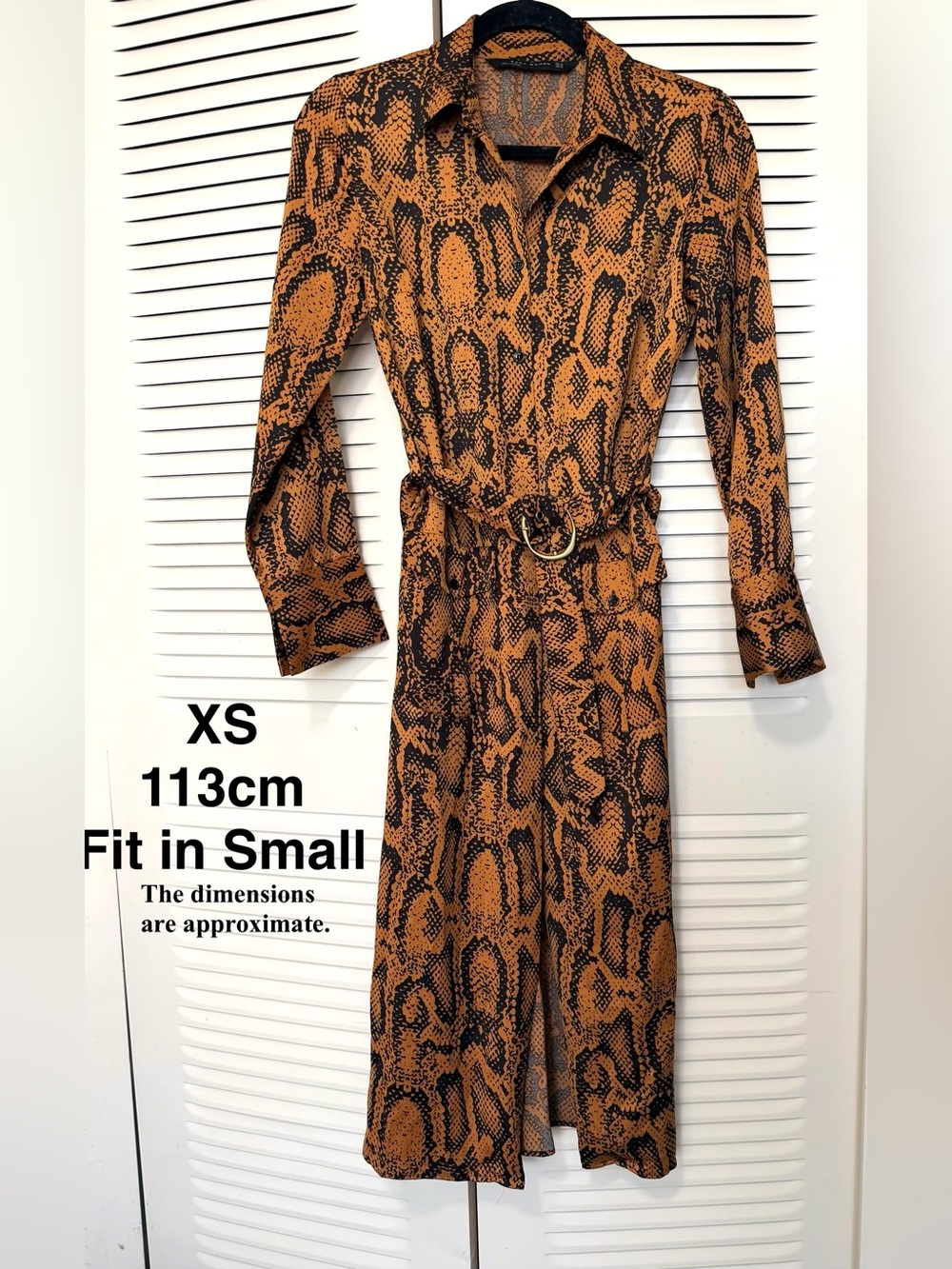Zara Brown and Black Snake-Print Long Sleeve Belted Dress